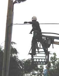 A telephone repairman works on Oak Street