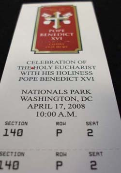 Ticket for the Papal Mass at Nationals Park in Washington / Newsline photo by Tamra Tomlinson