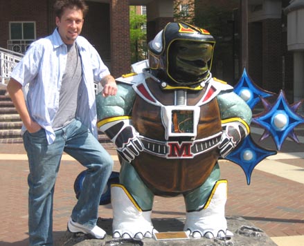 Matthew Scholnick outside the Computer and Space Sciences Building with his Celestial Event turtle.