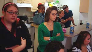 Students gathered at a vice presidential debate-watching party on campus.